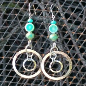 Boho Turquoise Silver Orbit Hoop Handmade Earrings